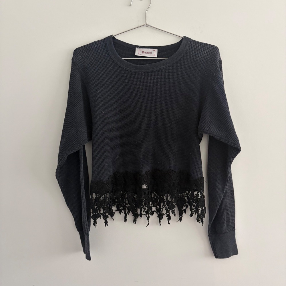 Beauti Waffle Knit Lace Trim Long Sleeve Top Charcoal Grey Boho Pullover